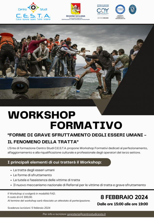 Workshop Formativo - “FORME DI GRAVE SFRUTTAMENTO DEGLI ESSERI UMANI -  IL FENOMENO DELLA TRATTA”